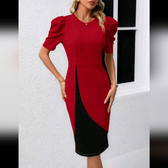 Elegant Red and Black Size XL Puff Sleeve Dress - Picture 3 of 5